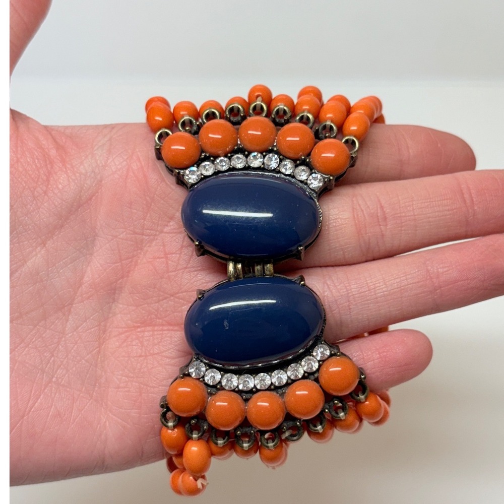 Orange Beaded Multi Strand Stretch Bracelet Navy Blue Cabochon Crystal Accent